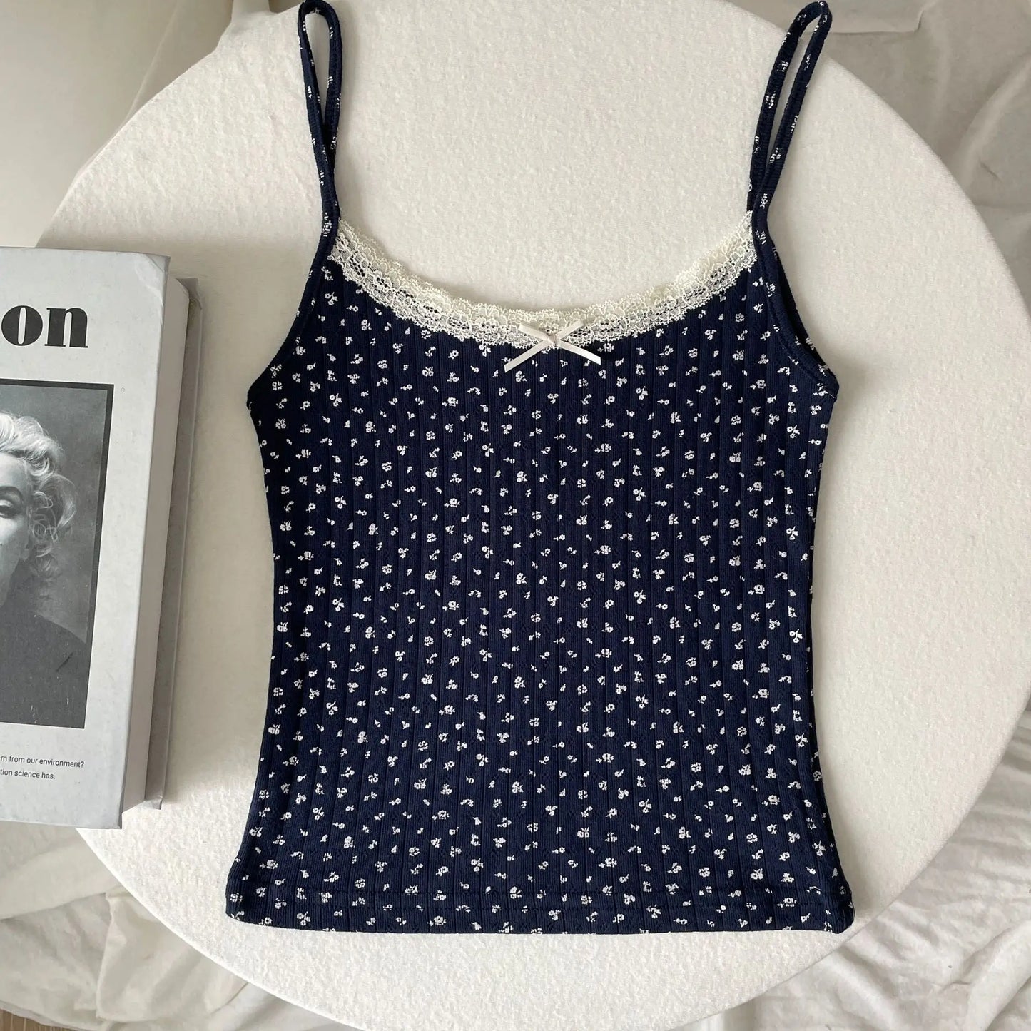 Floral Eyelet Sweet Slim Tank Tops Women Lace Trim Bow Cotton Sleeveless Summer Camisole Female Preppy Style Cute Slim Crop Top