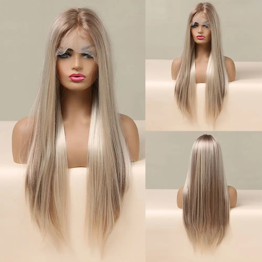 LOUIS FERRE Platinum 13*6 Lace Front Synthetic Wigs for White Women Long Straight Layered Wig Free Part Daily Party High Density