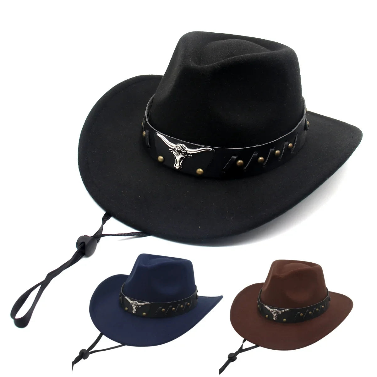 Western Cowboy Black Men's Hat Classic Vintage Country Wool Jazz Hats For Women Cow Head Felt Hats Ethnic Style Retro Knight Hat