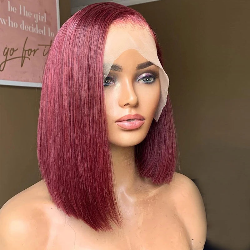 Ishine 99J Burgundy Short Bob Wig 13X4 Lace Frontal Wig For Black Women 100% Human Wig 180Density Transparent Lace 8-16inch