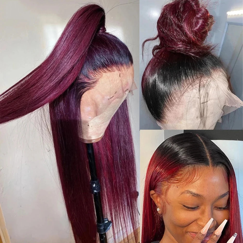 1B/99J Straight Wigs Human Hair 4x4 Closure Wig Brazilian Burgundy 13x4 Lace Front 32Inch Wigs For Black Women Pre Plucked