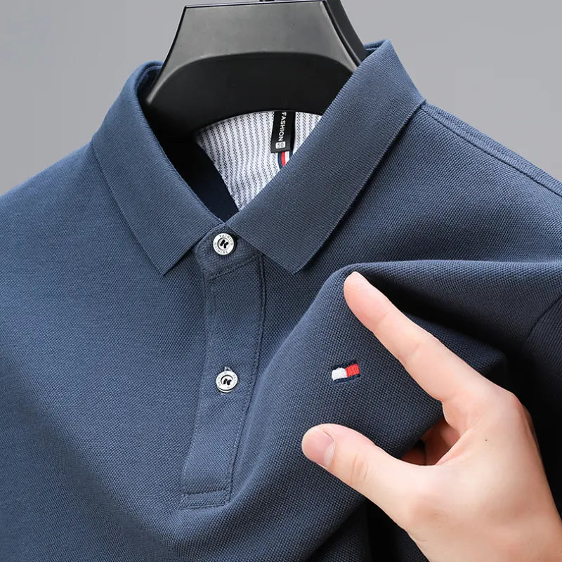 New Autumn Style Men's Long-sleeved T-shirt Double-sided Pearl Cotton Middle-aged  Young Long-sleeved POLO Shirt  Men Clothing