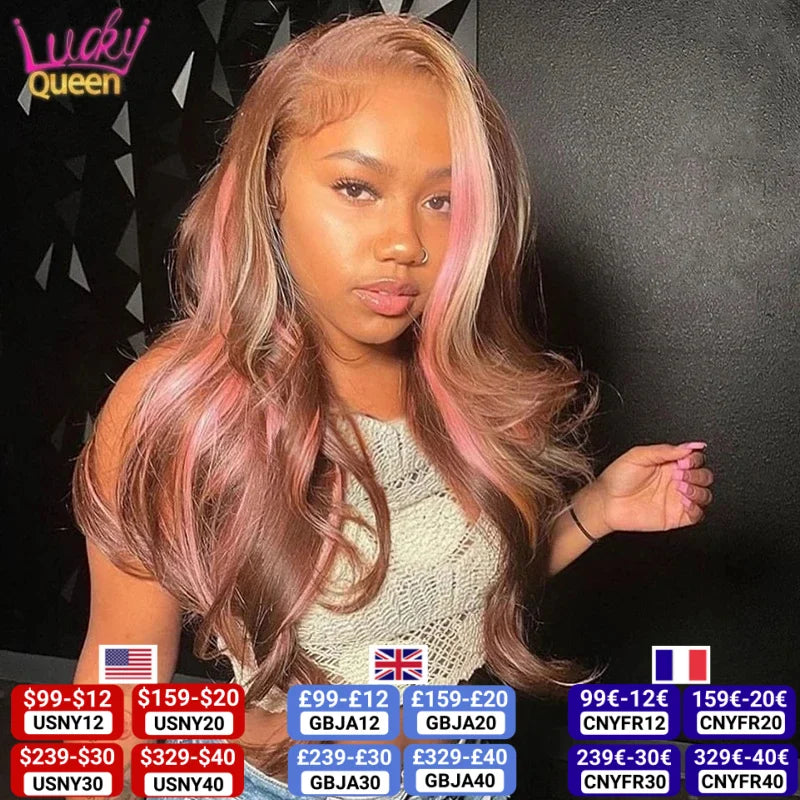 Highlight Pink Brown Colored 5X5 Lace Closure Wig Pre Plucked 100% Human Hair Wig for Women Transparent Lace 13X4 Frontal Wig