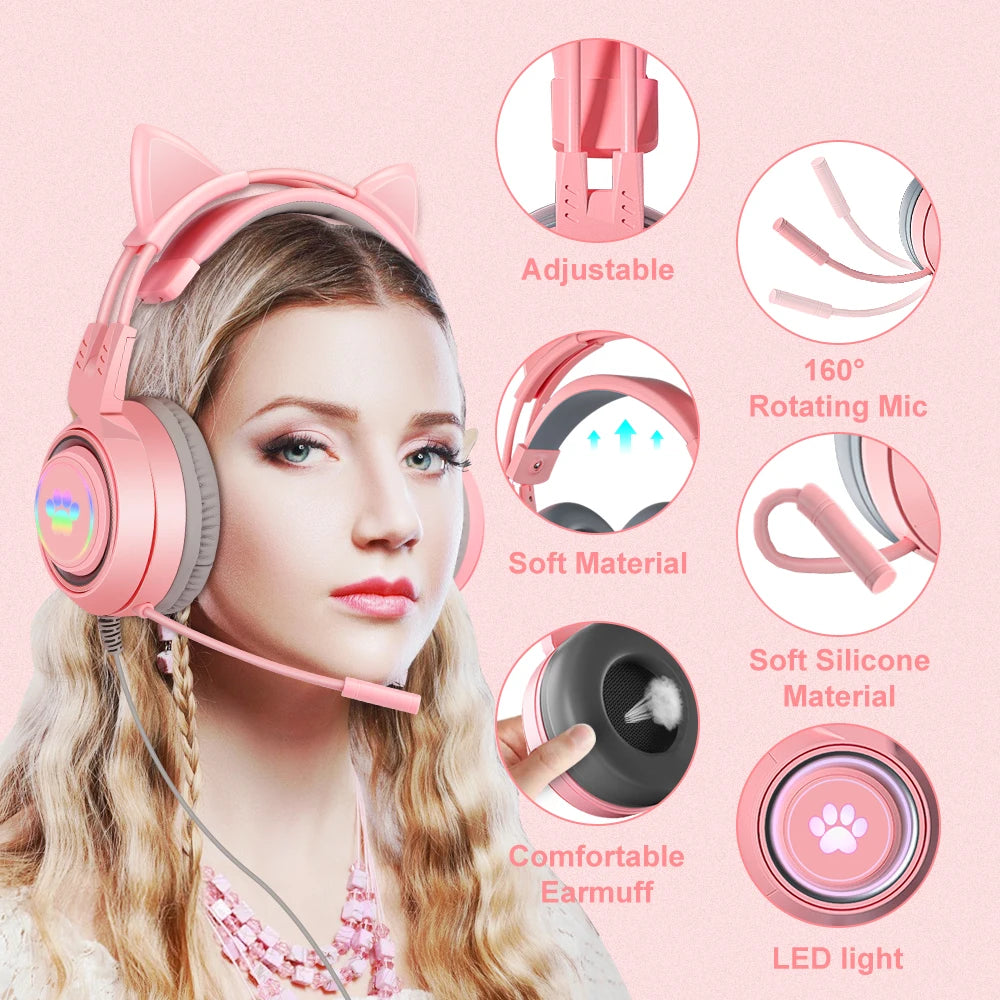 Pink Girls Cute Cat Headphones with Mic for Laptop RGB LED Noise Reduced Stereo PC Headset Gamer for Ipad PS4 Phone Xbox