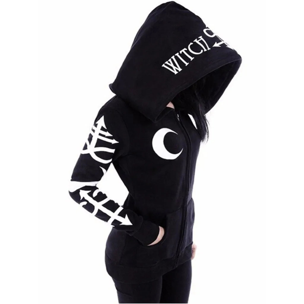 Gothic Punk Black Long Women Hoodies Sweatshirts 2023 Halloween Moon Print Long Sleeve Hoodie Women Loose Coat Hooded Sweatshirt