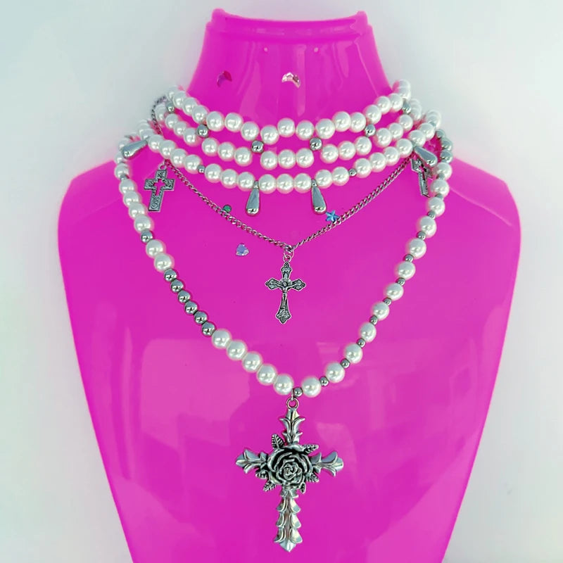 Y2K Accessories Pearl Cross Necklaces Multi Layer Choker Set Charms Necklace for Women Korean Fashion Necklace Punk Goth Jewelry