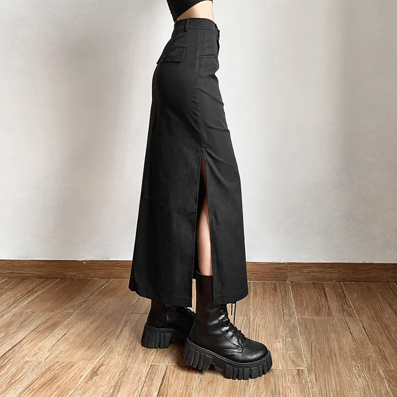 Goth Dark Grunge Casual Tag Split Women Midi Skirts Mall Gothic Punk High Raise Slim Long Skirt Y2k Sexy Fashion Streetwear