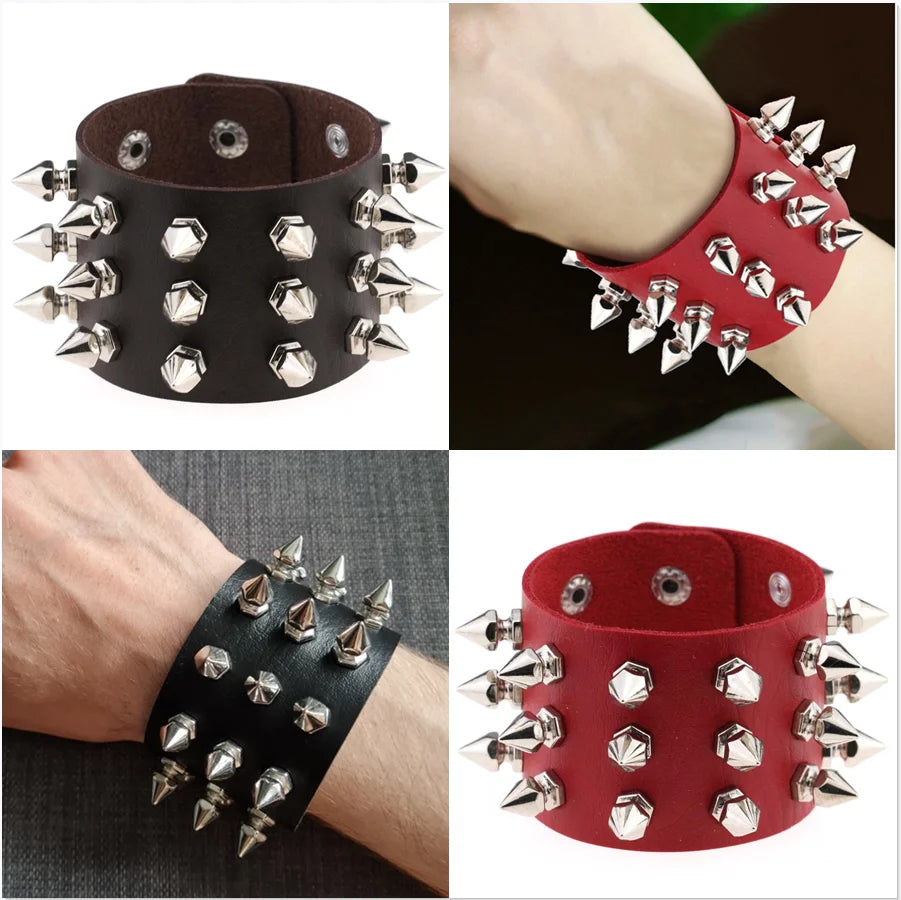 New Mainstream Rock Spiked Rivet Conical Stud Wide Leather Cuff Bracelet For Men And Women Punk Gothic Neutral Bracelet Jewelry