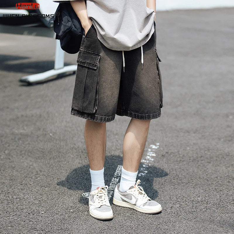 2024 Summer New Men's Cargo Jean Shorts Korean Street fashion large pocket Denim Shorts Knee Length Wide Leg Shorts Y2K Clothing