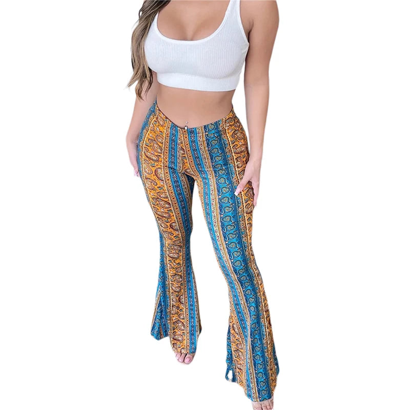 Women Flared Bell Bottoms Floral Boho High Waisted Fit Flare Leggings Stretchy Bootcut Yoga Pants Hippie Pants