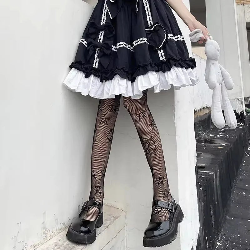 1 Piece Lolita Girls Cute Pentagram Print Leggings Feminine Gothic Punk Magic Pentagram Mesh Fishing Net Pantyhose