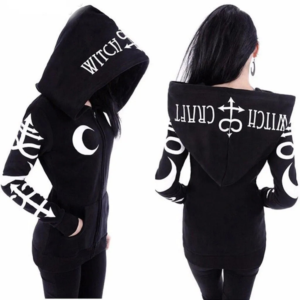 Gothic Punk Black Long Women Hoodies Sweatshirts 2023 Halloween Moon Print Long Sleeve Hoodie Women Loose Coat Hooded Sweatshirt