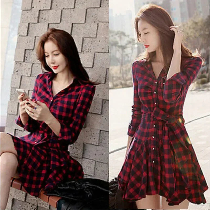 Fashion Womens Lady Long Sleeve Ruffles Office Ladies Casual Flannel Plaid Check Button Down Top Layer Shirt Dress