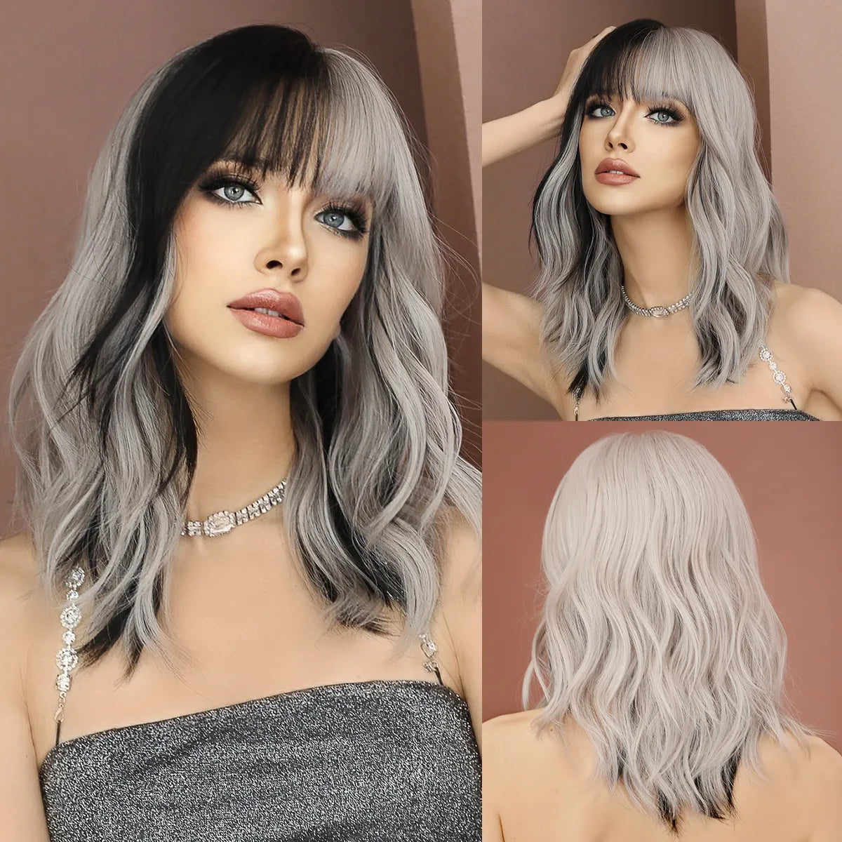 NAMM Silver black Wavy Wig for Woman Daily Party Cosplay Middle Part Natural Synthetic Hair Wig Heat Resistant Fiber