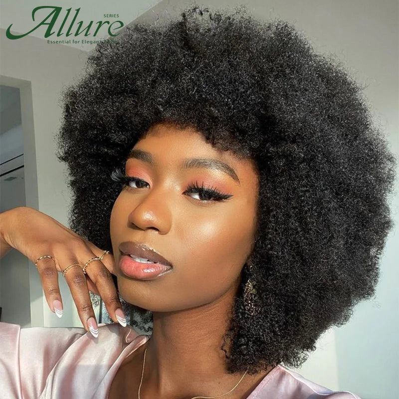 Fluffy Afro Kinky Curly Wig For Black Women Remy Brazilian Human Hair Short Sassy Wear to Go Wigs Natural Brown Burgundy Allure