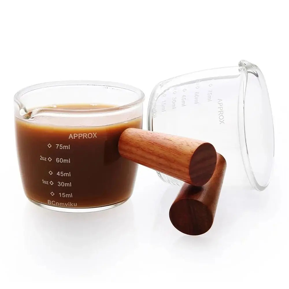 Measure Mug Espresso Measuring Cup Durable 75ml Double/Single Mouth Wood Handle Milk Jug Heat-resisting Glass Clear Kitchen Mug