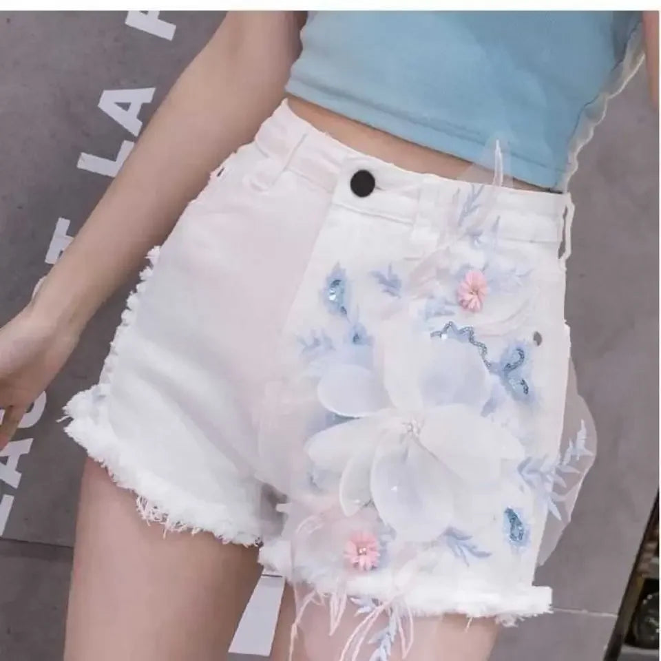 Denim Shorts for Women High Waist Flowers Short Jean Pants Woman To Wear 2000s Clothes Y2k 2025 Classic Casual Fashion Clothing