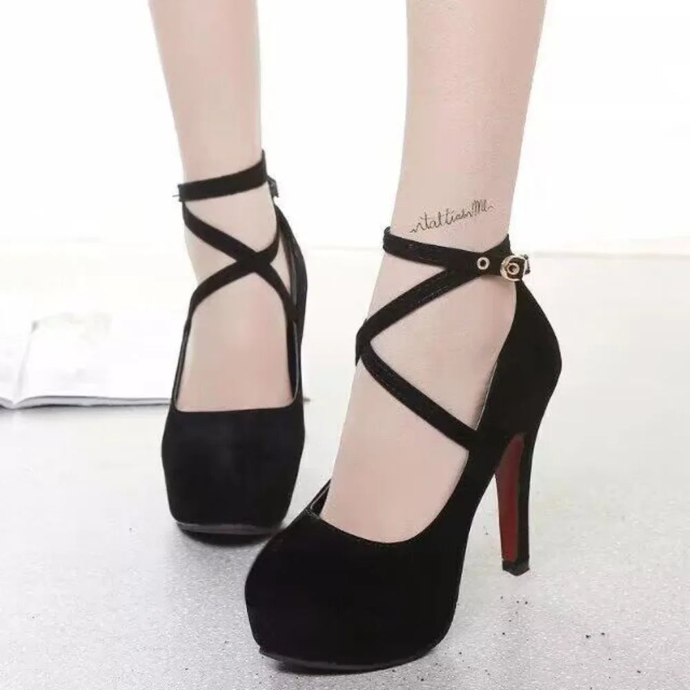 2024Autumn Women's Pumps Round Toe Thin Heel Shoes for Women High Heel Shallow Shoes Outdoor Dress Ankle Strap Bukle Strap Shoes