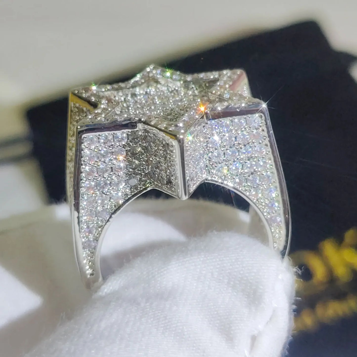 Silver Color Hexagram Star Ring Iced out Cubic Zirconia Punk Band Rings Hip Hop Jewelry US Size 7-11