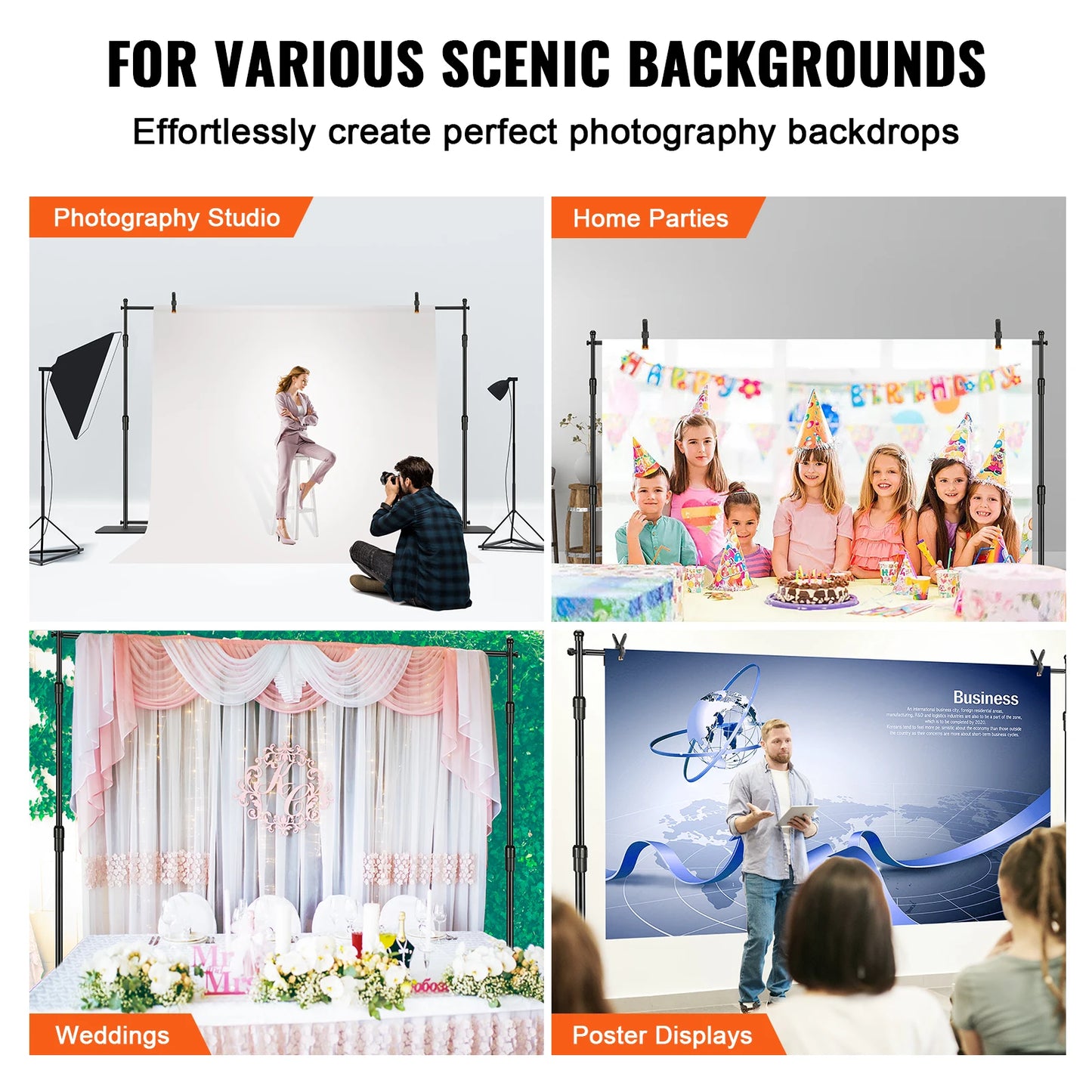 VEVOR 10 x 10 ft Heavy Duty Backdrop Stand Height Adjustable Photography Backdrop Stand for Party Wedding Display Exhibition