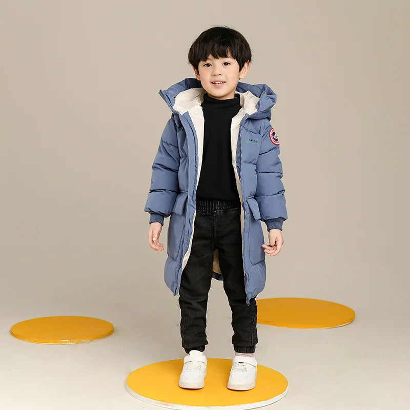 2023 Autumn Winter Korean Version Children Medium Long Style Down Cotton Jacket Baby Boys Girls Zipper Hooded Outwear 3-10Y