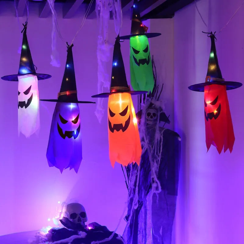 Halloween LED Flashing Light Hanging Ghost Halloween Party Dress Up Glowing Wizard Hat Lamp Horror Props Home Bar Decoration