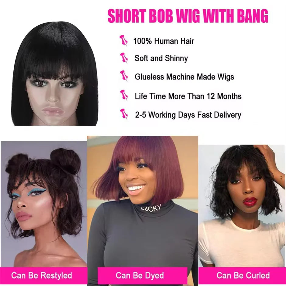 Straight Bob Wig With Bangs For Women Peruvian Full Machine Made Wig for Women Natural Color 100% Human Hair Wigs Short Bob Wig