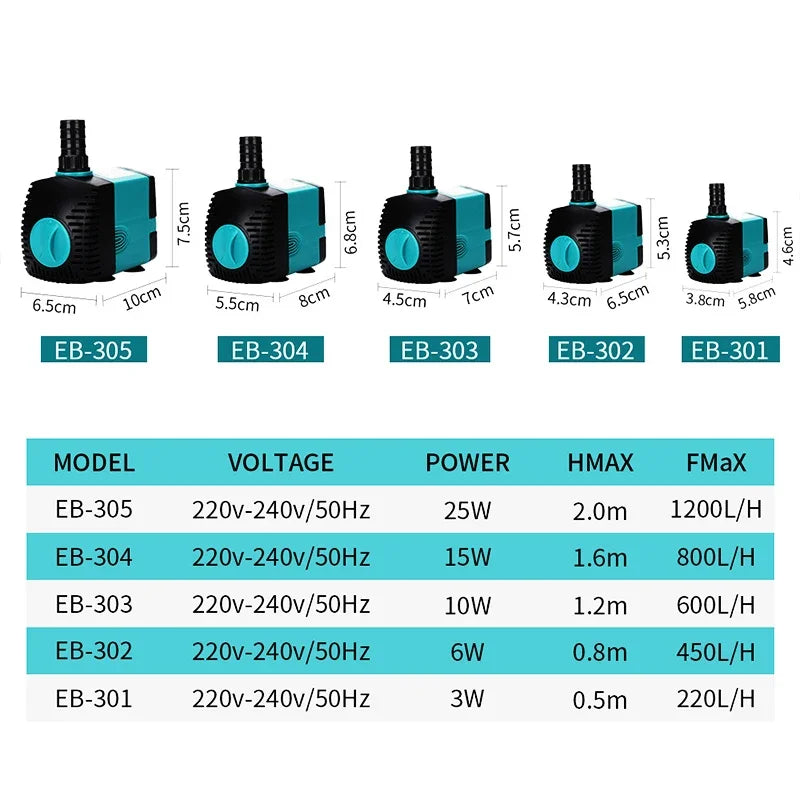 220V-240V Ultra-Quiet 3W-70W Multifunction Submersible Water Fountain Pump Filter Fish Pond Aquarium Water Pump Tank Fountain