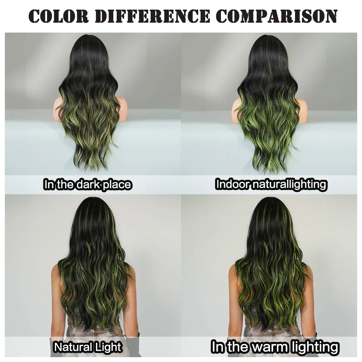 PARK YUN Long Loose Body Wave Black Hair Wig Highlight Green Curtain Bangs High Density Synthetic Layered Middle Part Wigs