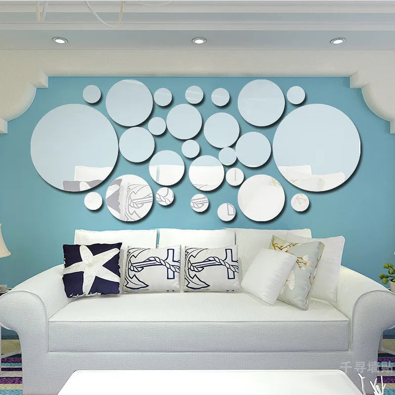 32pcs Geometric Circle Mirror Wall Sticker Home Background Decoration Home Decoration 3D Accessories Stereo Removable Round Mirr