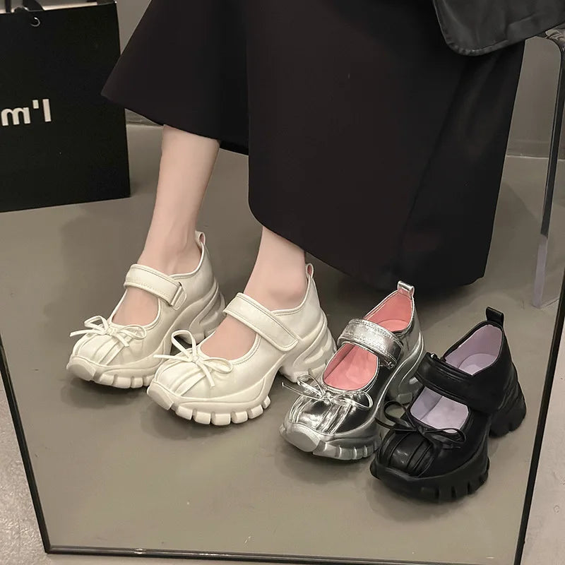 Women Casual Silver Platform Ballet Shoes Thick Sole Sneakers New Summer Fashion Single Shoes Woman Platform Mary Jane Pumps