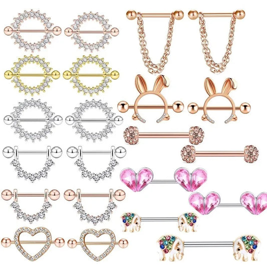 14G Stainless Steel Bunny Nipple Piercing Set Heart Nipple Jewelry Bulk Crystal Nipple Ring Lot Piercing Pezon Body Jewelry