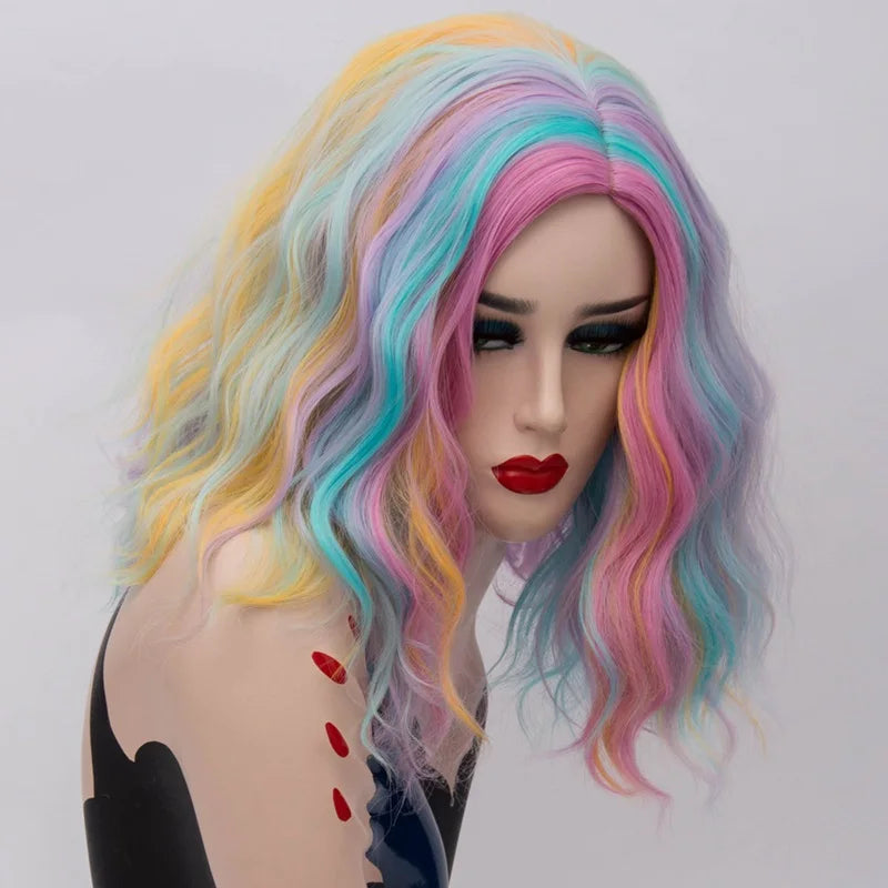 Short Cosplay Synthetic Wigs For Women Rainbow Highlights Color Wavy Wigs Side Central Hairline Cos Rose Net Ombre Hair