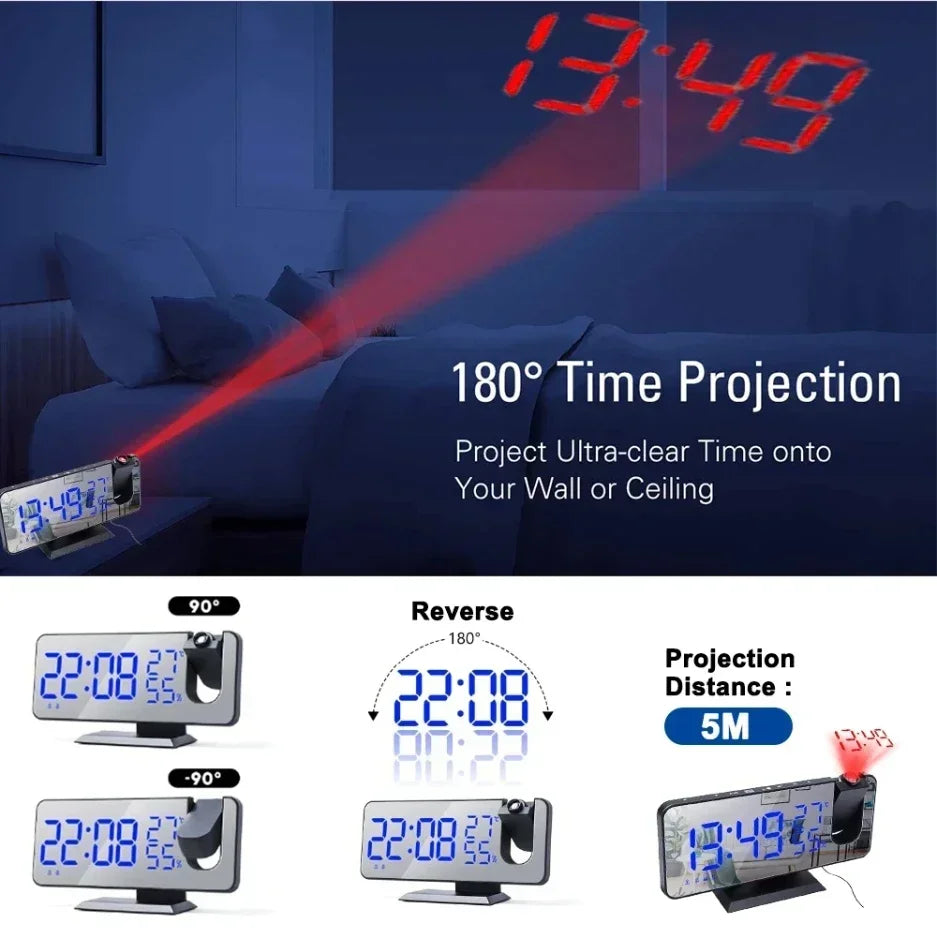 LED Digital Projection Alarm Clock Electronic Alarm Clock with Projection FM Radio Time Projector Bedroom Bedside Mute Clock