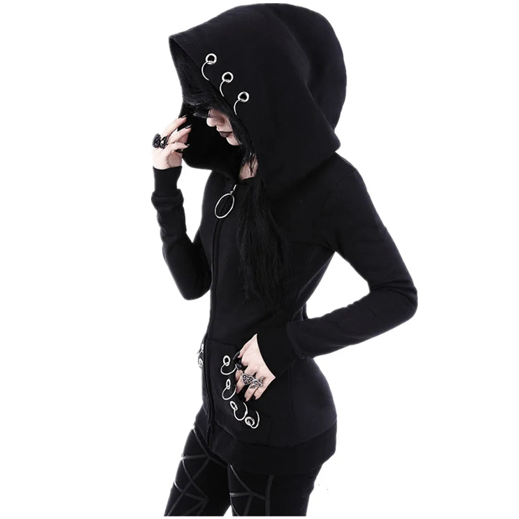 Women'S Punk Solid Color Long-Sleeved Hooded Hoop Jacket Fashionable Slim Gothic Jacket Autumn And Winter Street Style Coat