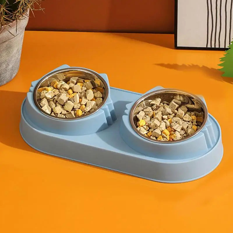 Double Cat Bowl Elevated Stainless Steel Feeder No Spills Catch Water and Food Mess Sturdy Pet Feeding Bowl supplies