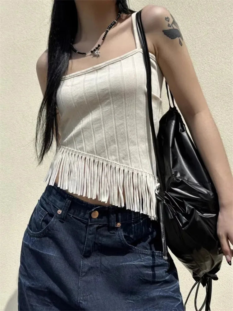 Korean Sexy Backless Lace Up Camisole Tops Y2k E-Girl Slim Fit Tassel Tank Top 2025 Summer New Straight Black Vest for Women