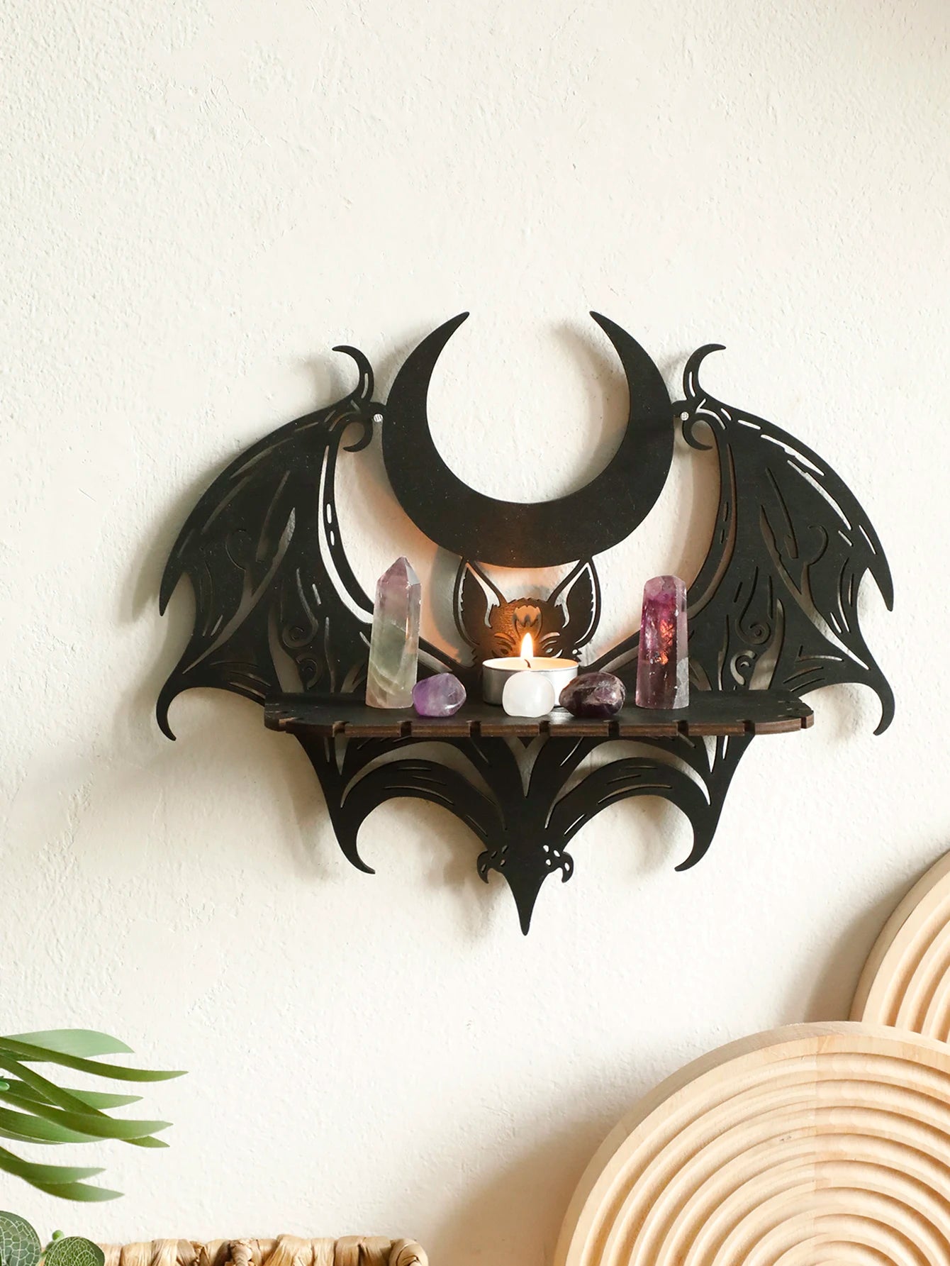 Halloween Black Wooden Wall Shelf Gothic Bat Moon Hollow Pattern Floating Shelf Crystal Holder Goth Home Decor Witch Room Decor