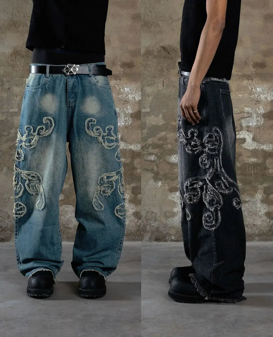 Men's and women's trend loose Korean straight leg pants embroidered fashionable street jeans Y2K minimalist Gothic printed pants