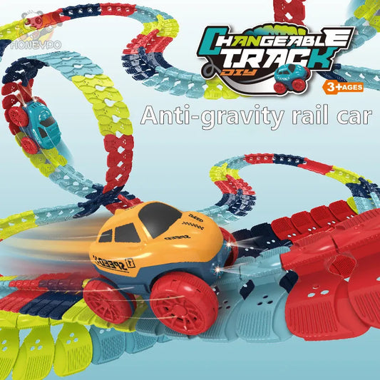 Rechargeable Kids Track Cars For Boy Flexible Track with LED Light-Up Race Car Set Anti-gravity Assembled Track Car Gift for Kid