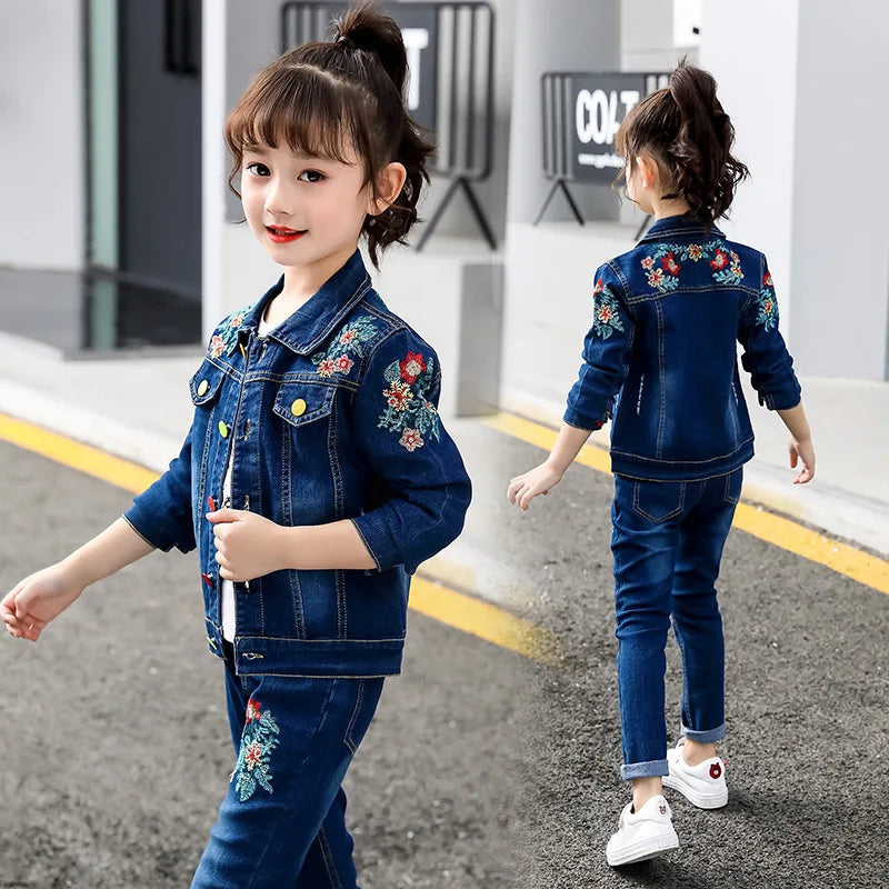 Children Girls Autumn Spring Clothing Set Baby Kids Embroidered Clothing Sets Fashion Denim jacket + Jean pant 2 pcs Suit Set