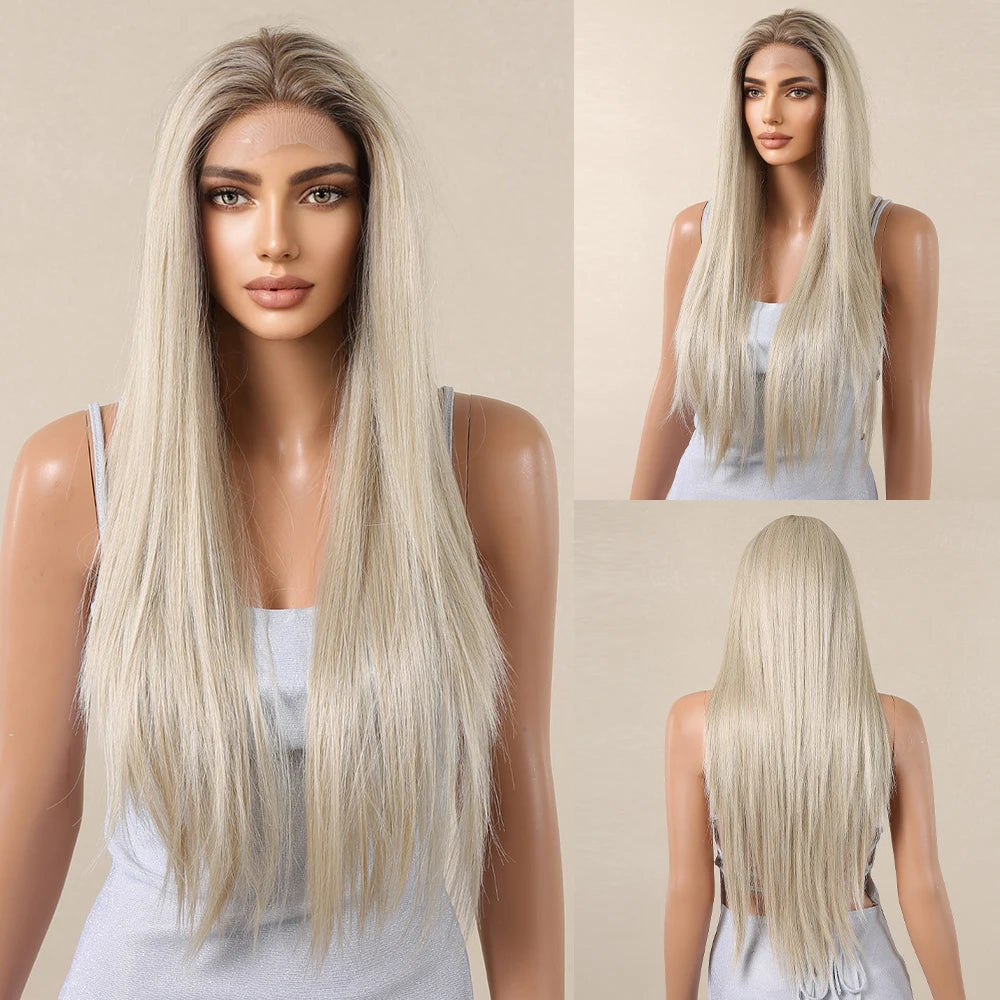 LOUIS FERRE Platinum 13*6 Lace Front Synthetic Wigs for White Women Long Straight Layered Wig Free Part Daily Party High Density