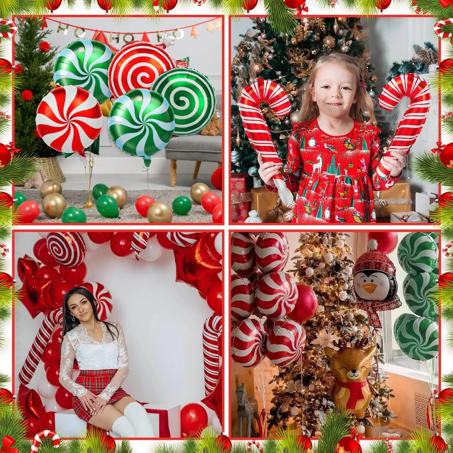 36Pcs Christmas Candy Balloons Kit Large Cane Swirl Candy Foil Balloons Red Green Foil Sweet Candies Theme Balloons