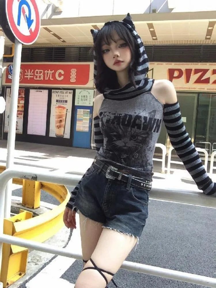 HOUZHOU Gothic Striped Patchwork Hoodie Women Japanese Style Vintage Punk Cat Print Hollow Out Slim Pullovers Soft Gril 2000s