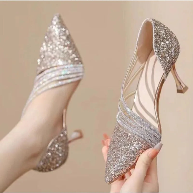 Sexy Pointed Toe Champagne Ladies High Heels New Shiny Crystal Wedding Bridal Shoes Simple and Elegant Women's Dress Shoes