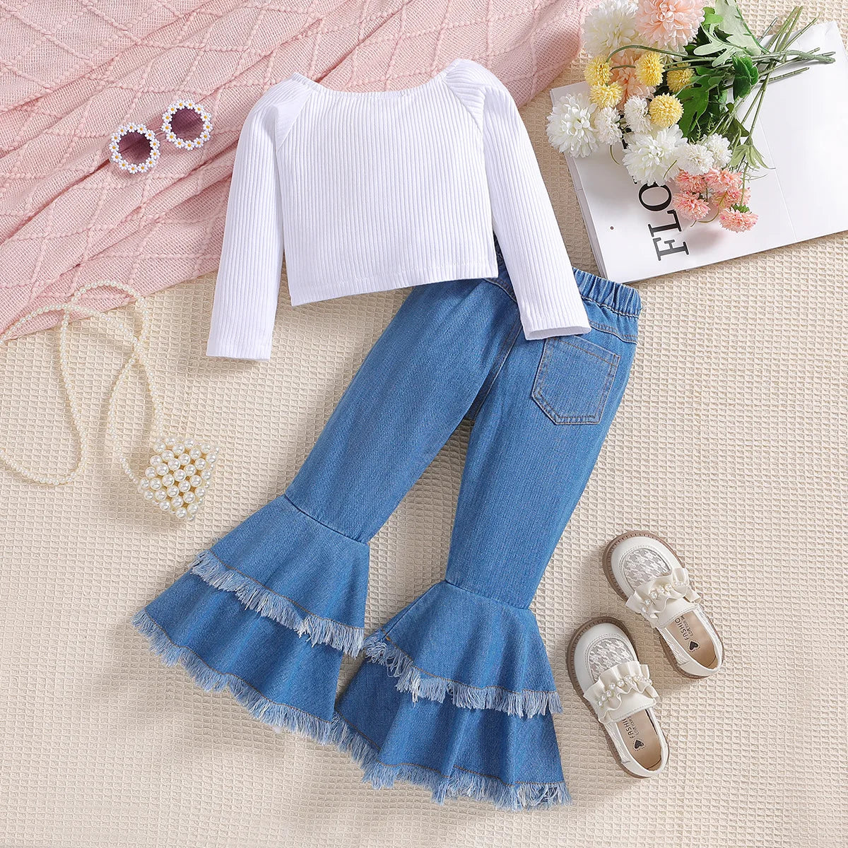 2Piece Spring Luxury Kids Clothing Girl Outfit Set Korean Fashion White Cotton Baby Tops+Flared Jeans Children Clothes BC828