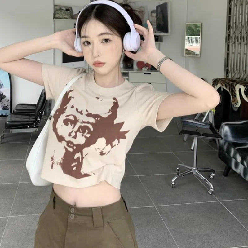 Vintage Women Summer Clothes Graphic T-shirt Fashion Short Sleeve Trend Punk Head Print T Shirt Clothing Tee Female Top