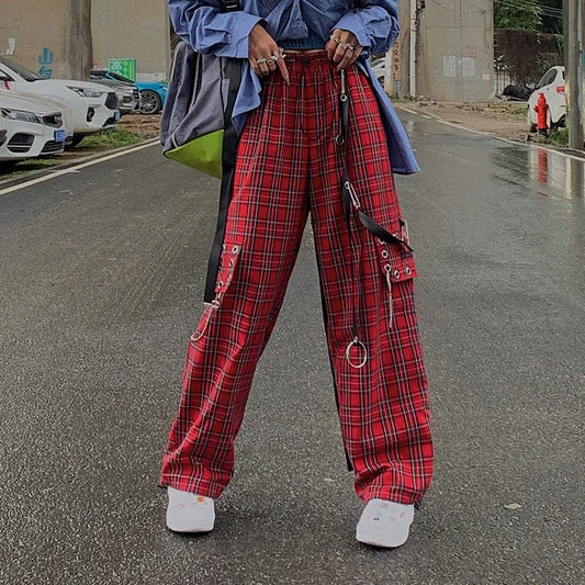 Gothic Harajuku Red Plaid Cargo Pants Women Chain Wide Leg Goth Hippie Streetwear Trousers Loose Female Baggy Fashion