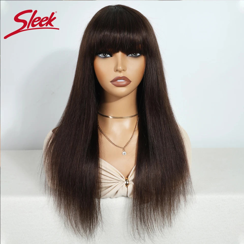 Sleek Human Hair Wigs With Bang Brazilian Straight Red Burgundy Human Hair Wigs Brown Color 4# For Black Women None Lace Wigs