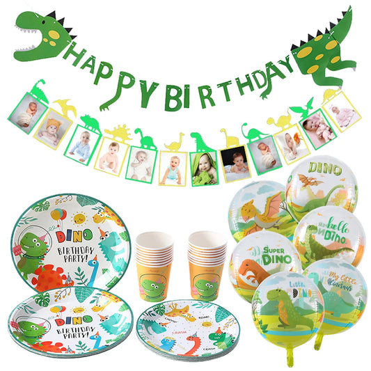 Cute Dinosaur Birthday Decorations Disposable Tableware Plates Cups Jungle Dino Party Banner Kids Summer Birthday Party Supplies